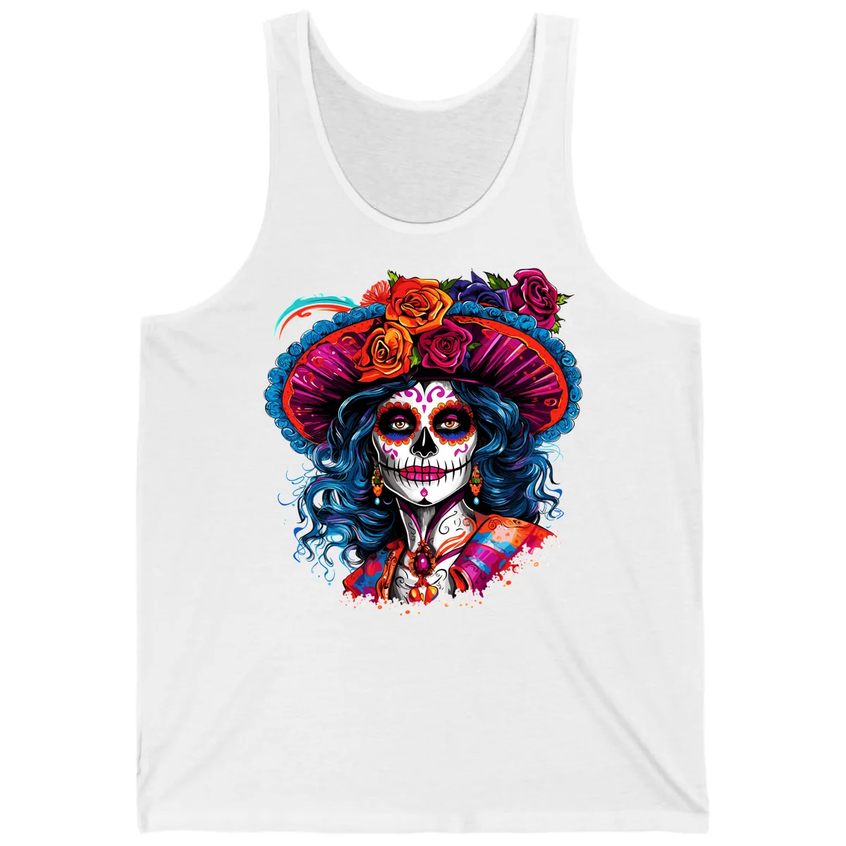 Vibrant Floral Catrina Sugar Skull with Blue Hair Tank in White
