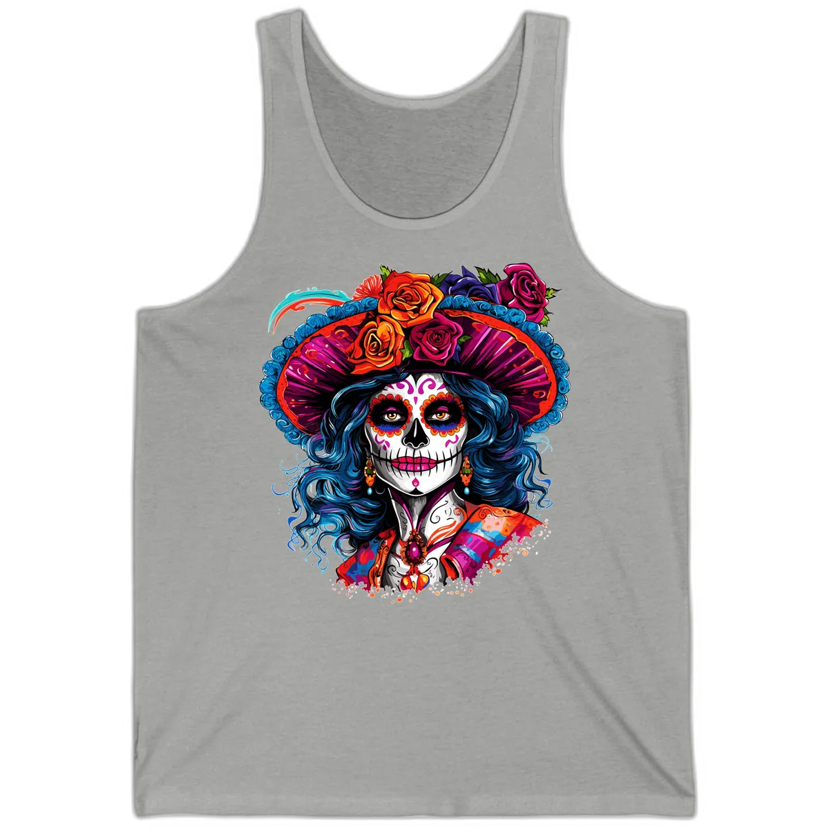 Vibrant Floral Catrina Sugar Skull with Blue Hair Tank in Athletic Heather