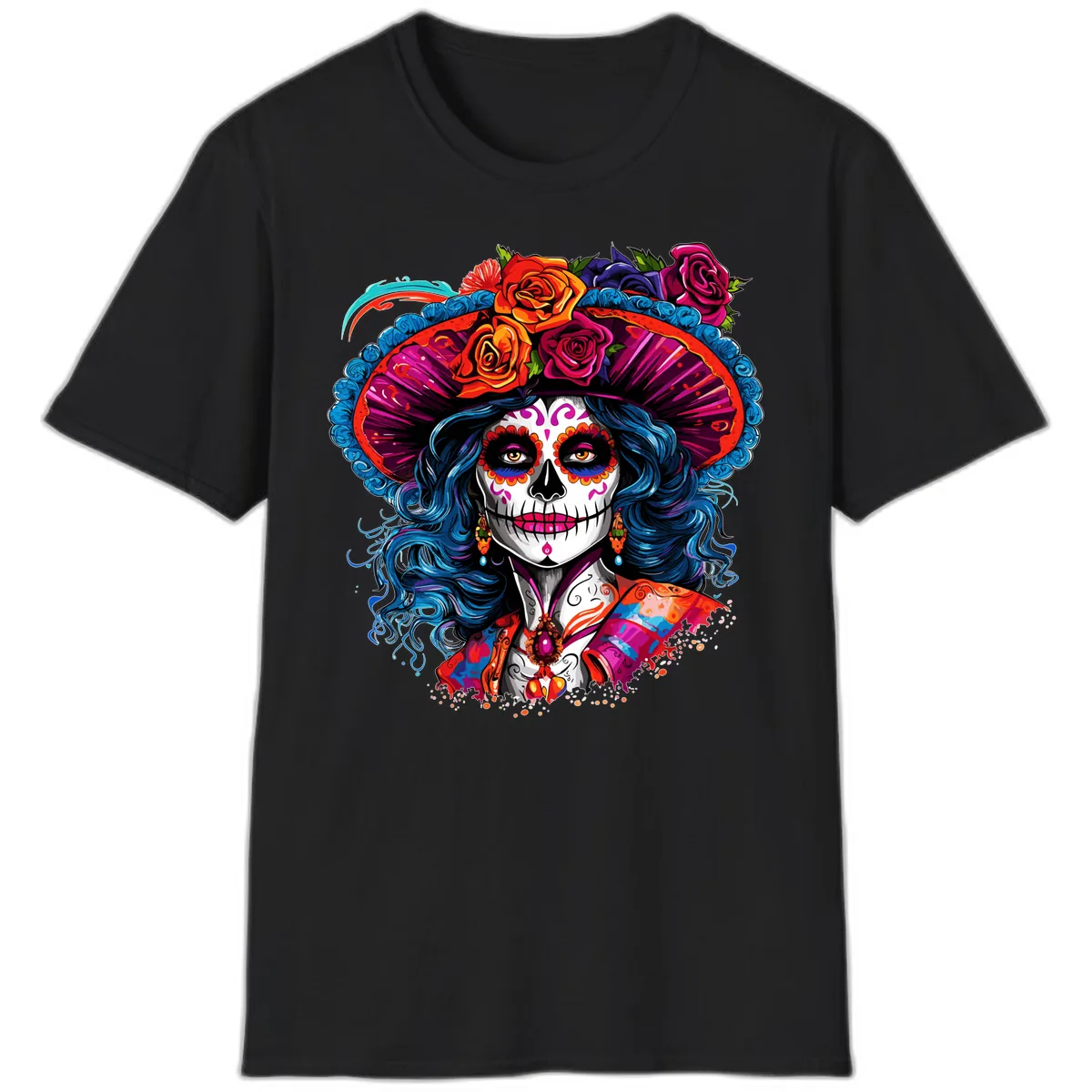 Vibrant Floral Catrina Sugar Skull with Blue Hair T-Shirt in Black