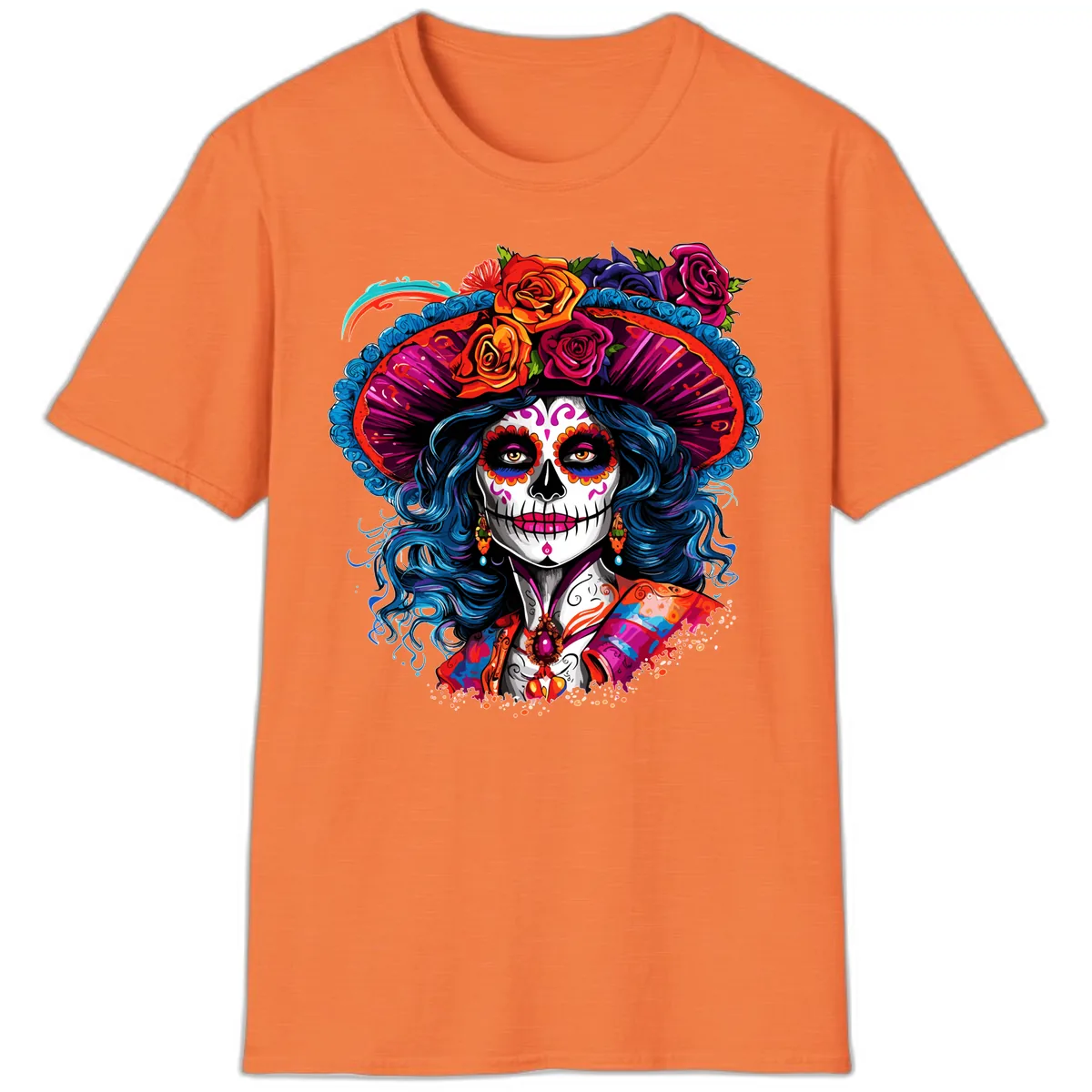 Vibrant Floral Catrina Sugar Skull with Blue Hair T-Shirt in Heather Orange