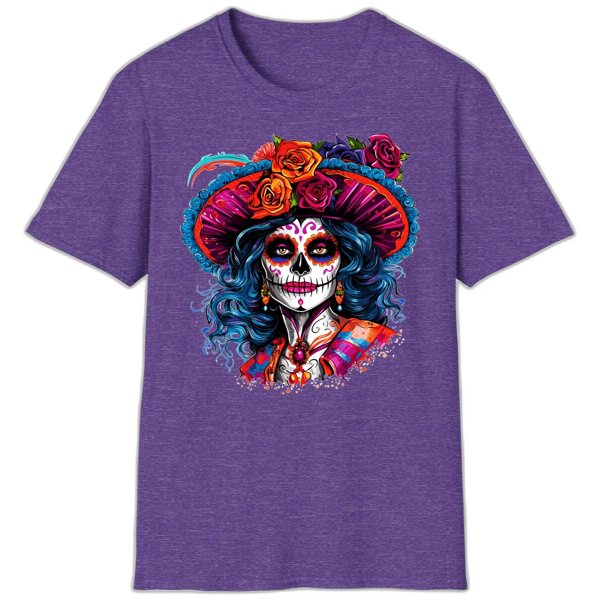 Vibrant Floral Catrina Sugar Skull with Blue Hair T-Shirt in Heather Purple