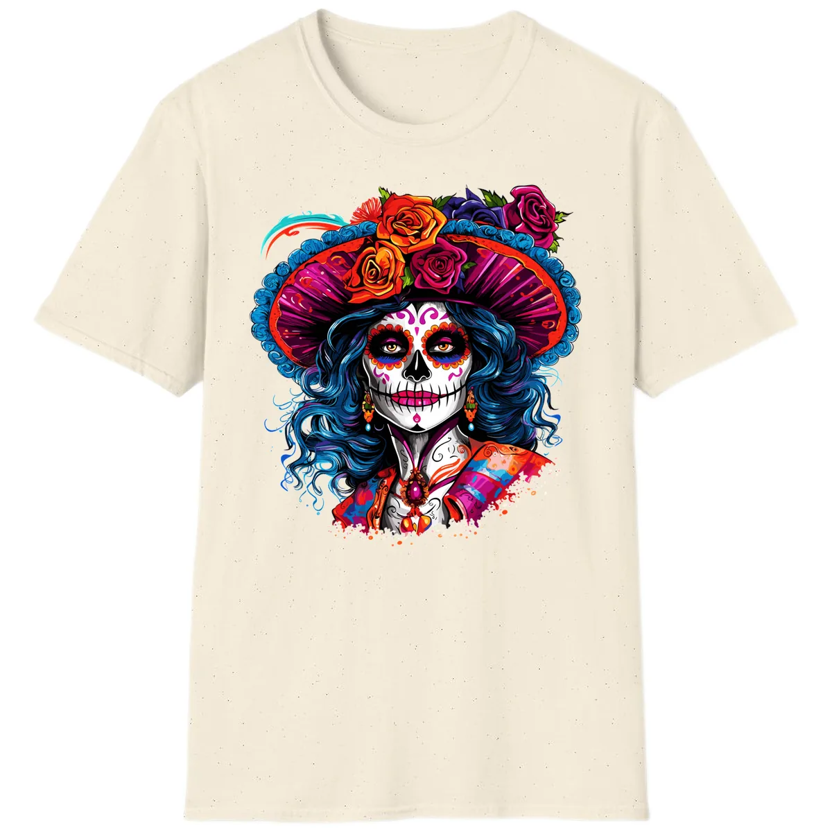 Vibrant Floral Catrina Sugar Skull with Blue Hair T-Shirt in Natural