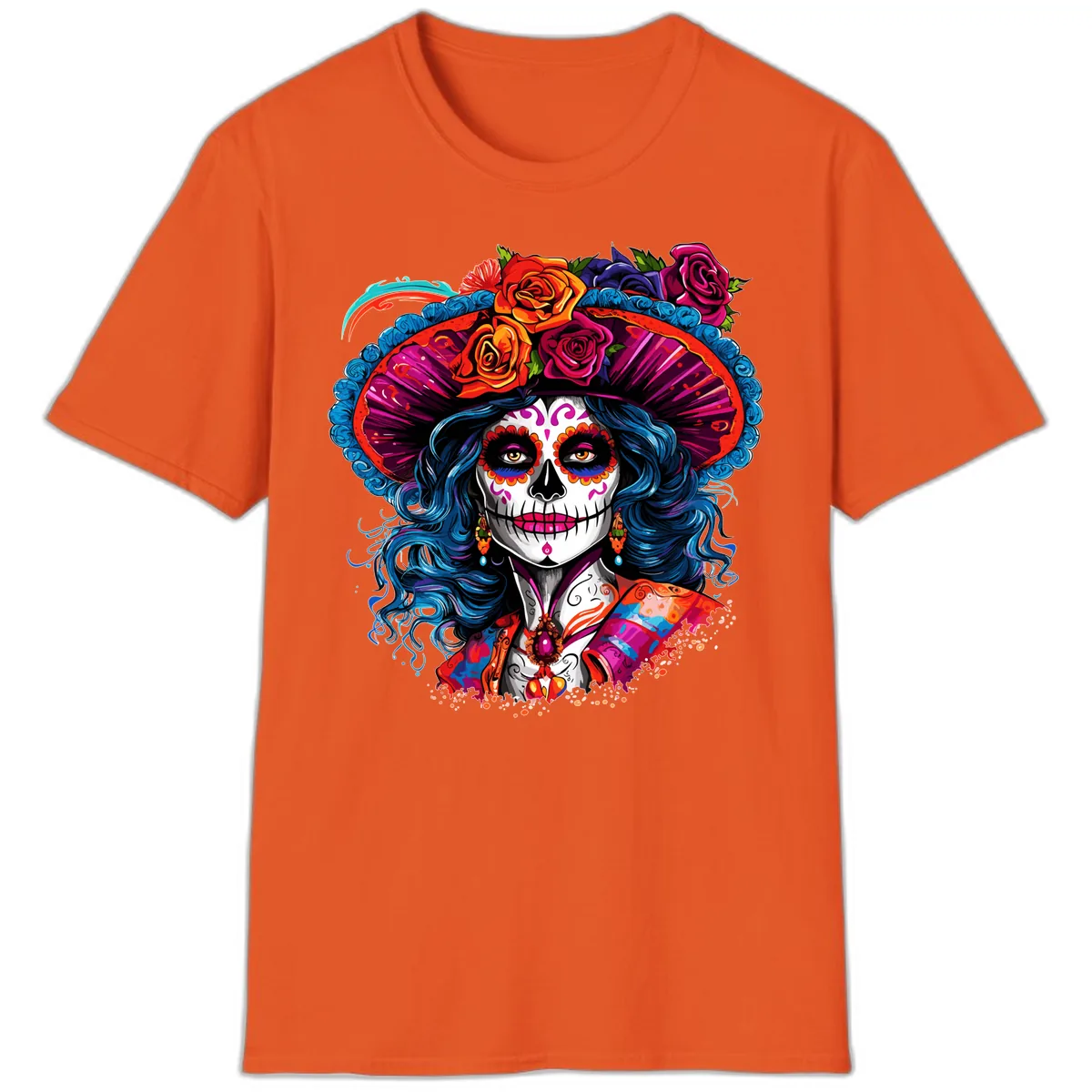 Vibrant Floral Catrina Sugar Skull with Blue Hair T-Shirt in Orange
