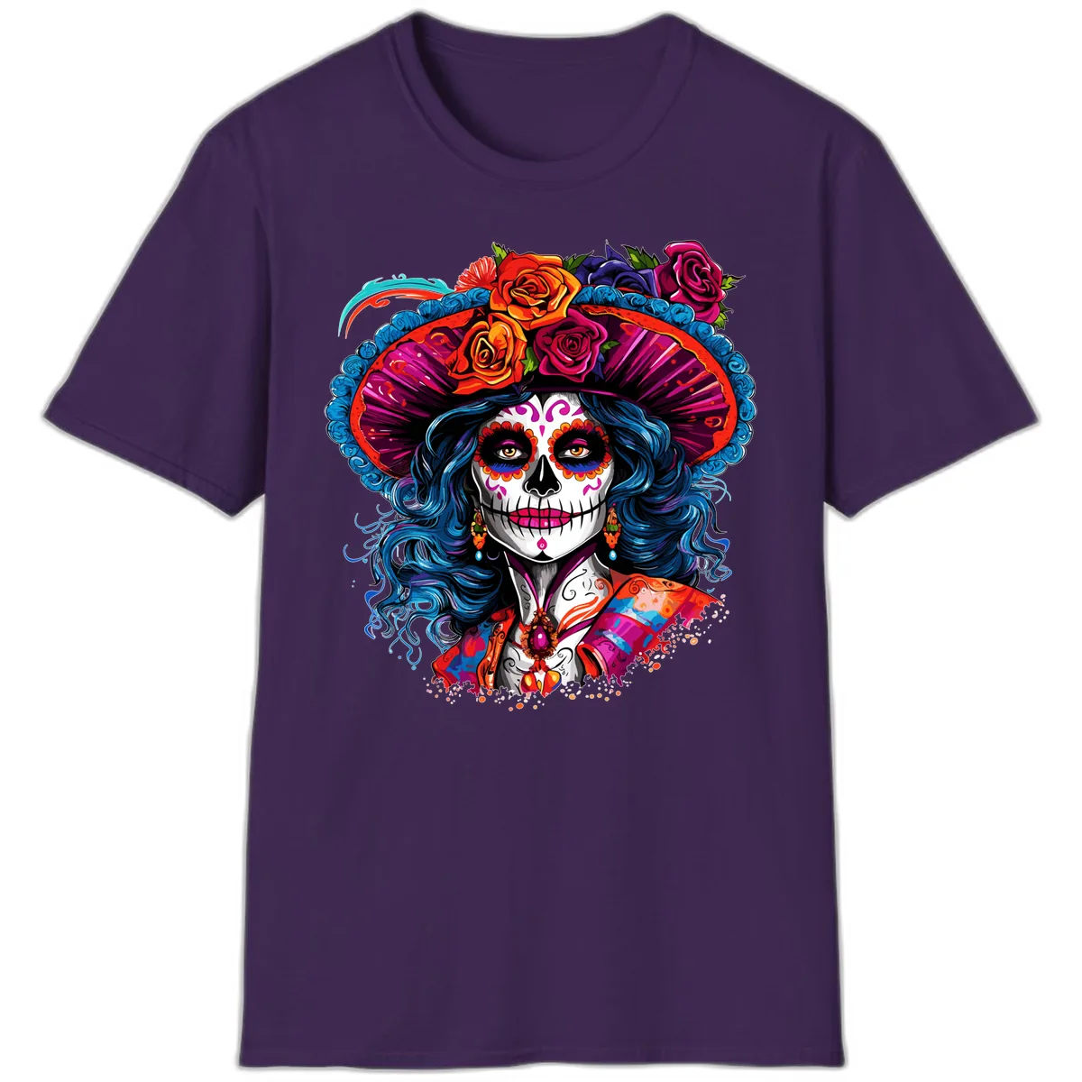 Vibrant Floral Catrina Sugar Skull with Blue Hair T-Shirt in Purple