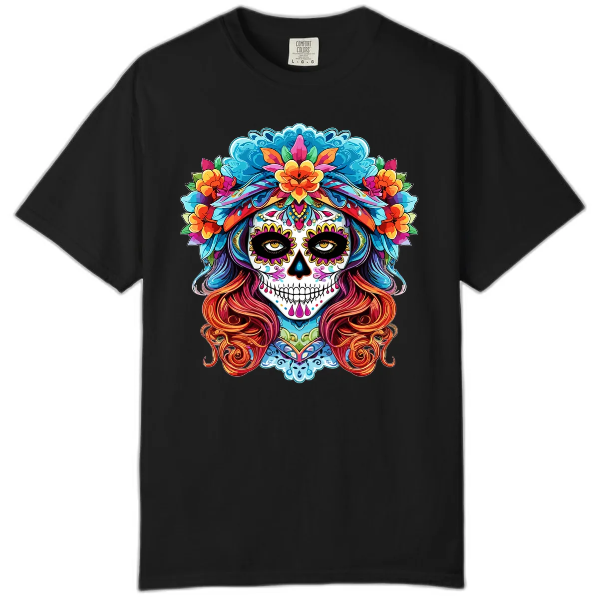 Vibrant Floral Sugar Skull Calavera Portrait Comfort Color in Black