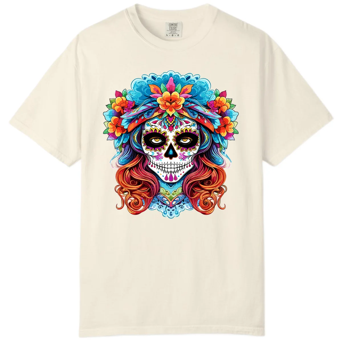 Vibrant Floral Sugar Skull Calavera Portrait Comfort Color in Ivory