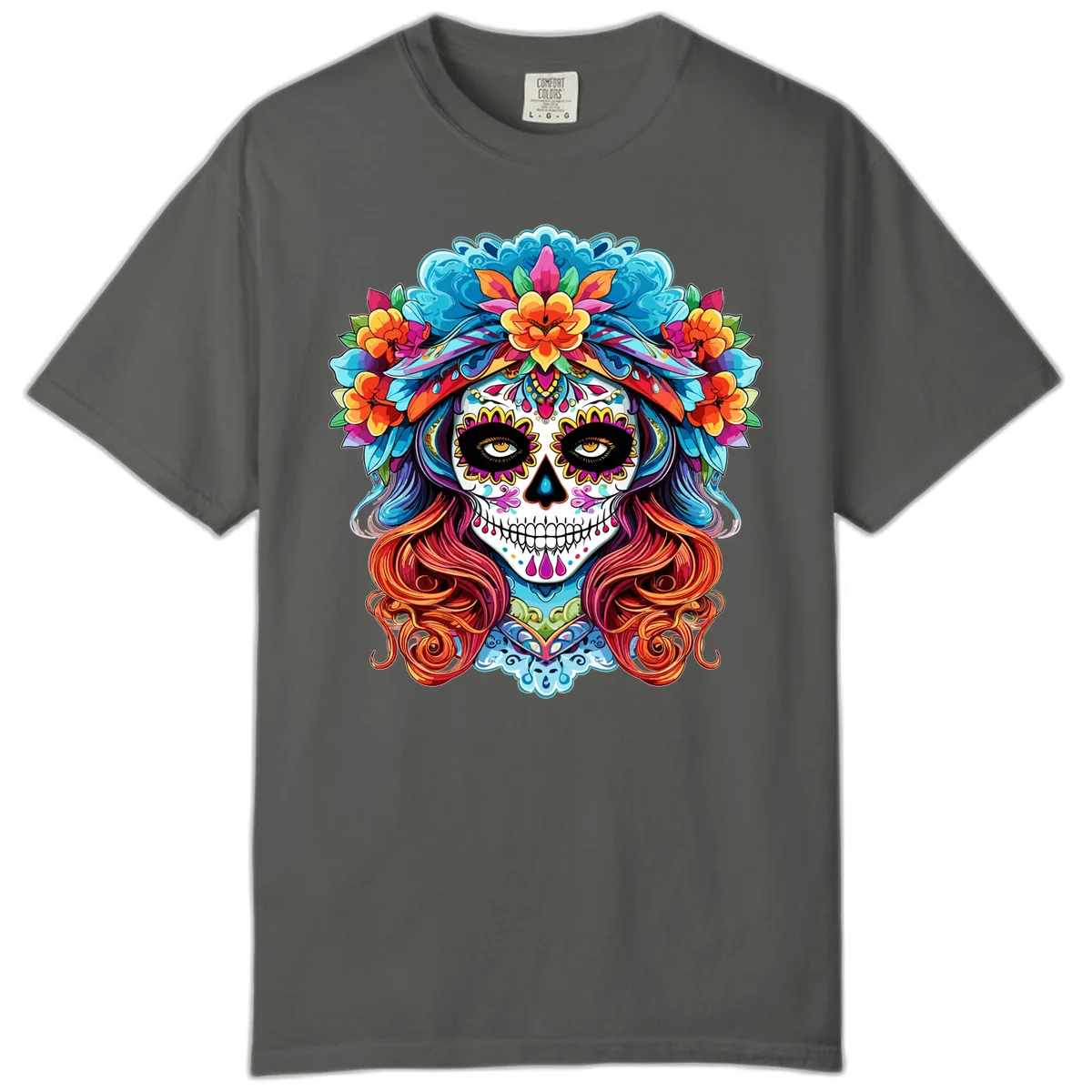 Vibrant Floral Sugar Skull Calavera Portrait Comfort Color in Pepper