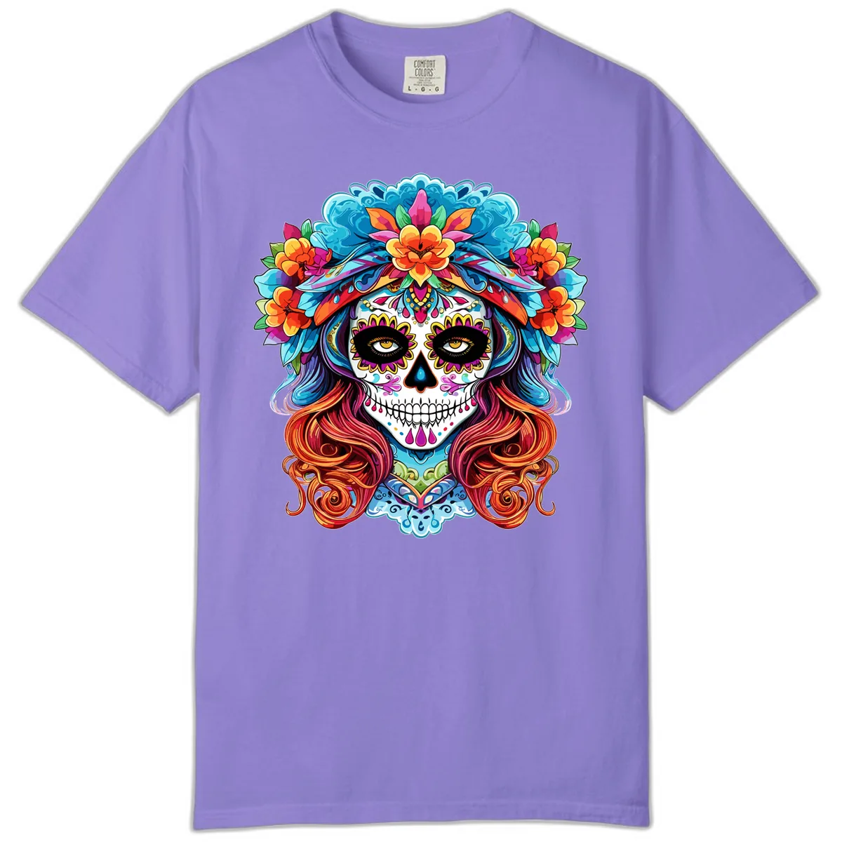 Vibrant Floral Sugar Skull Calavera Portrait Comfort Color in Violet