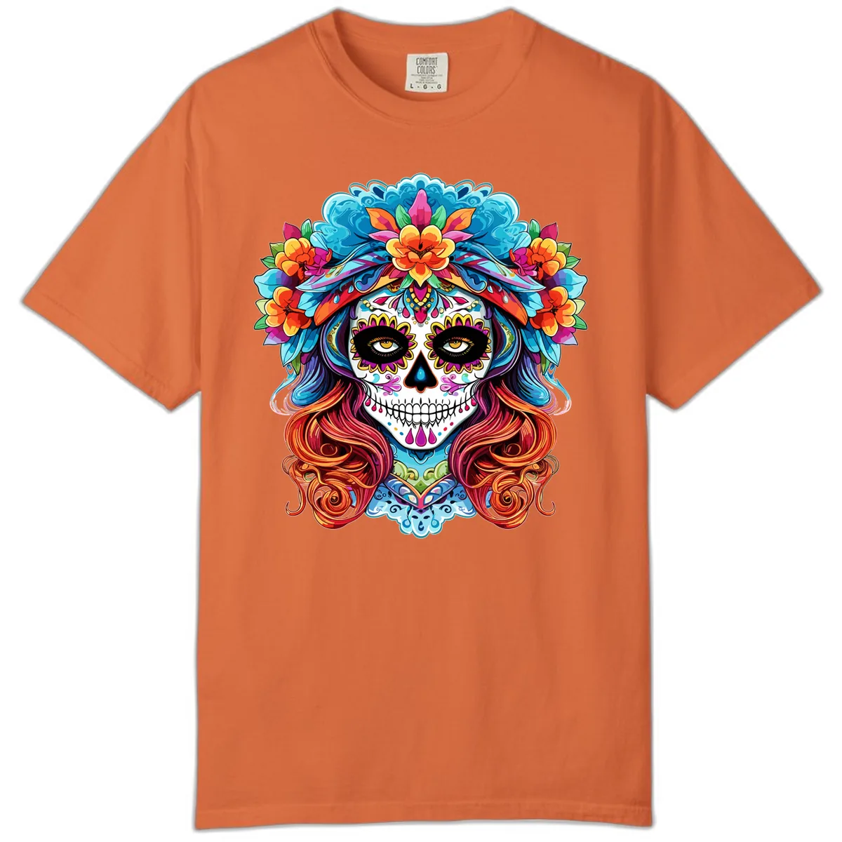 Vibrant Floral Sugar Skull Calavera Portrait Comfort Color in Burnt Orange