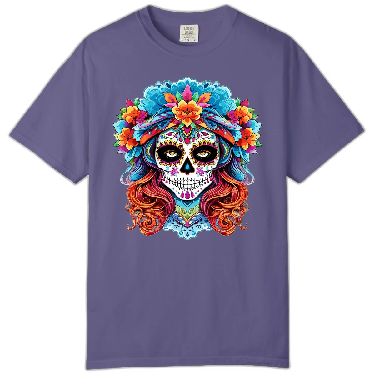 Vibrant Floral Sugar Skull Calavera Portrait Comfort Color in Grape