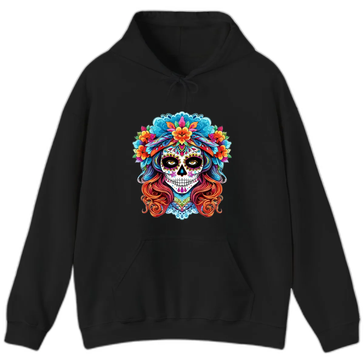 Vibrant Floral Sugar Skull Calavera Portrait Hoodie in Black