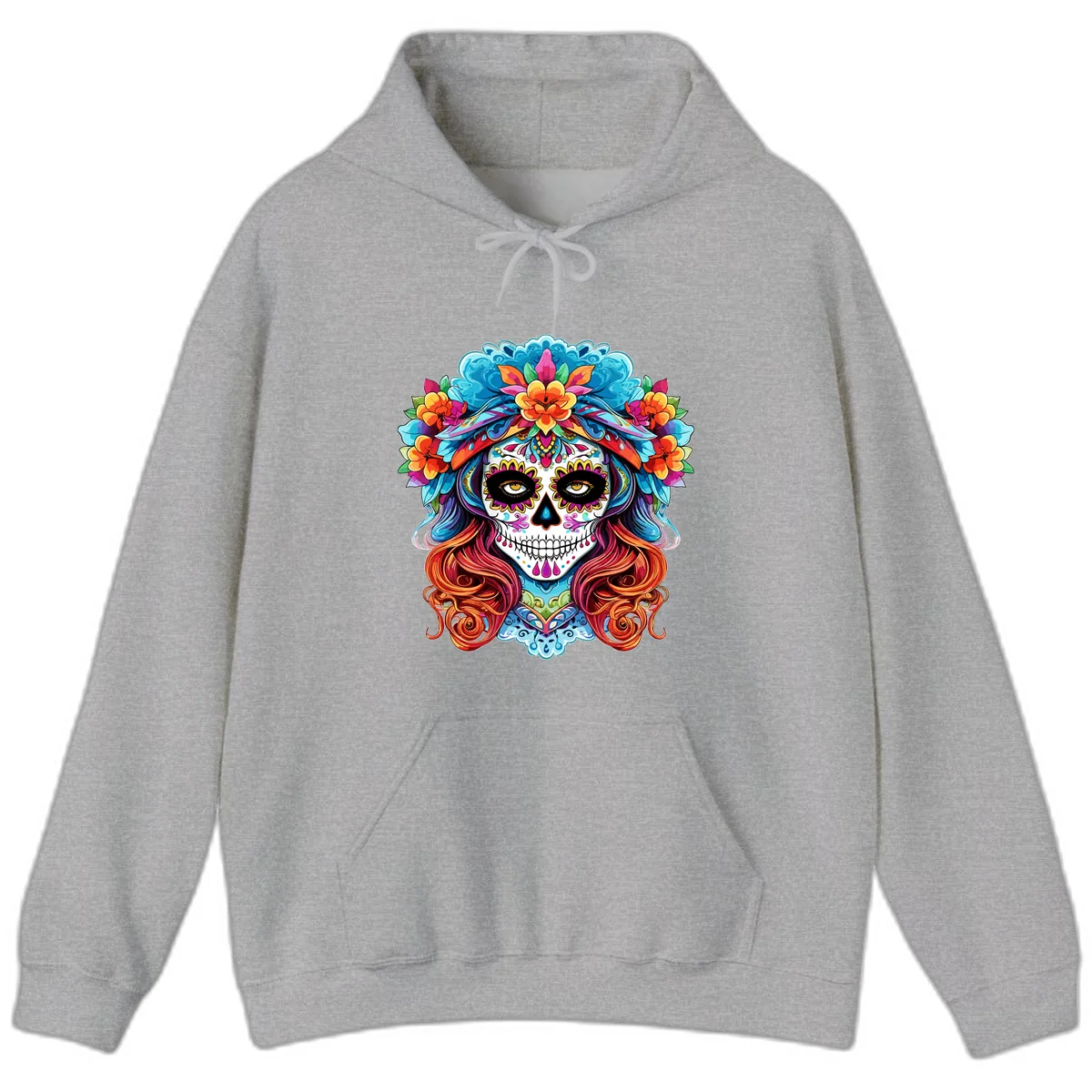 Vibrant Floral Sugar Skull Calavera Portrait Hoodie in Sport Grey