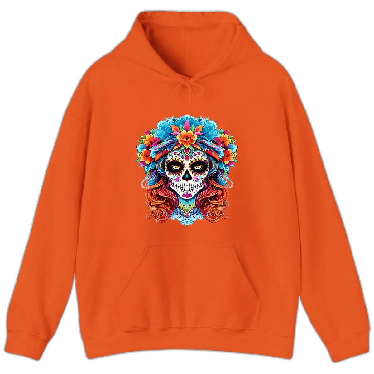 Vibrant Floral Sugar Skull Calavera Portrait Hoodie in Orange
