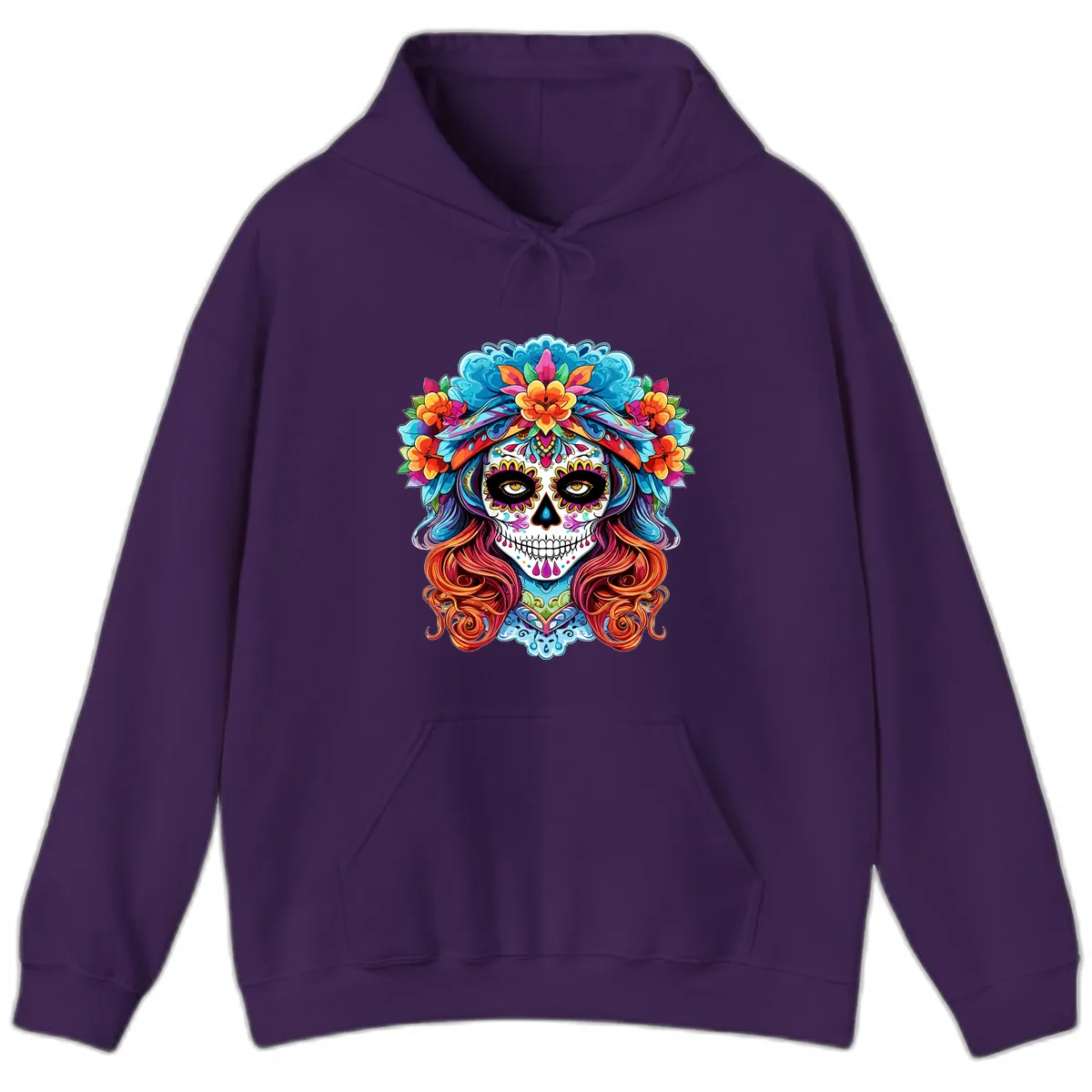 Vibrant Floral Sugar Skull Calavera Portrait Hoodie in Purple