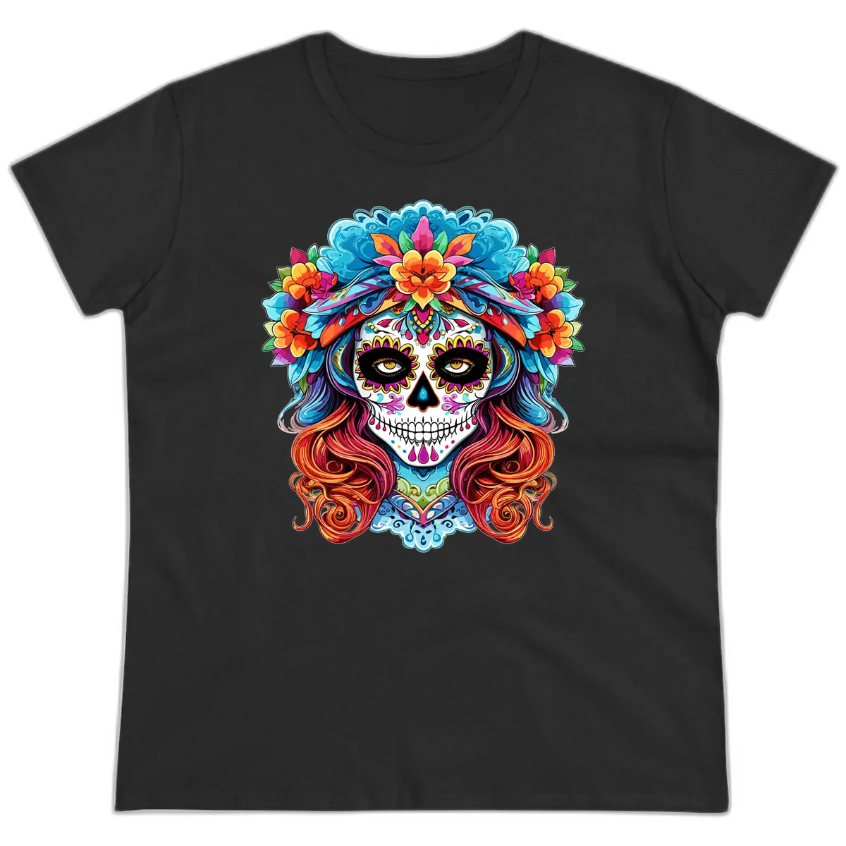 Vibrant Floral Sugar Skull Calavera Portrait Ladies Tee in Black