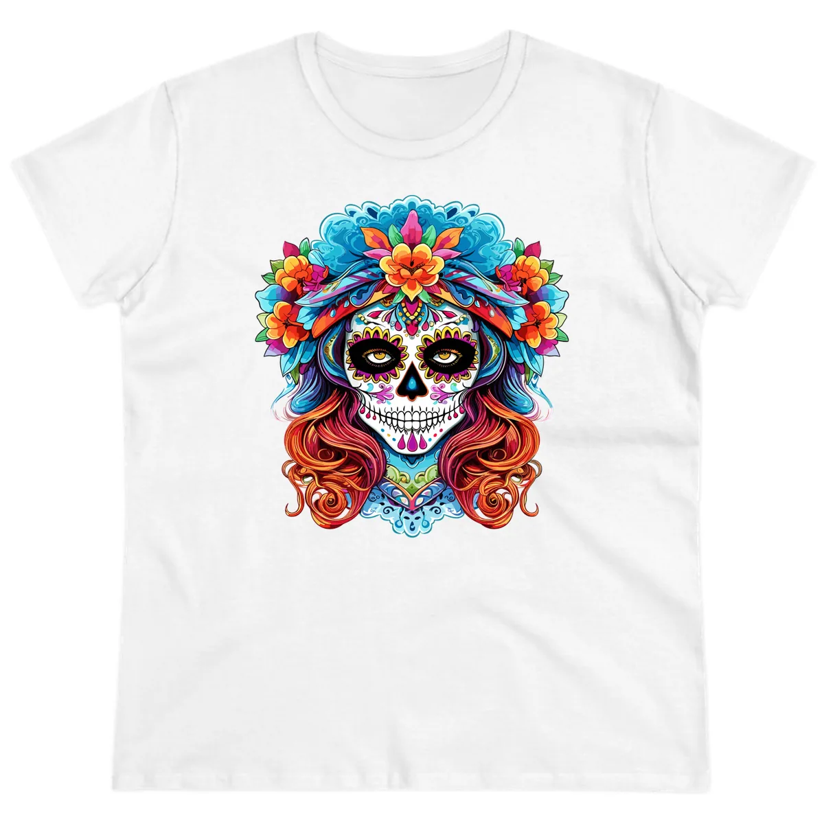 Vibrant Floral Sugar Skull Calavera Portrait Ladies Tee in White