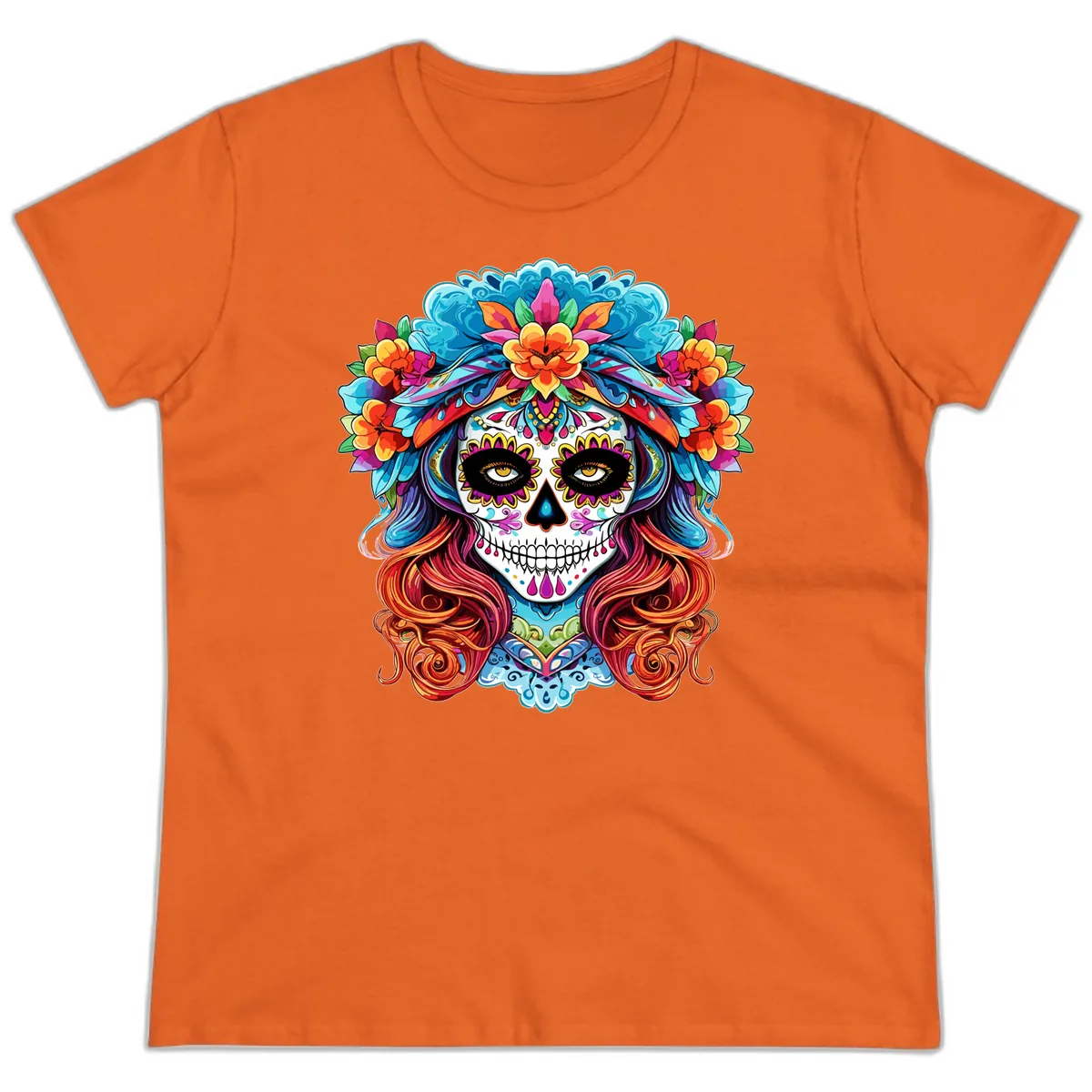 Vibrant Floral Sugar Skull Calavera Portrait Ladies Tee in Orange