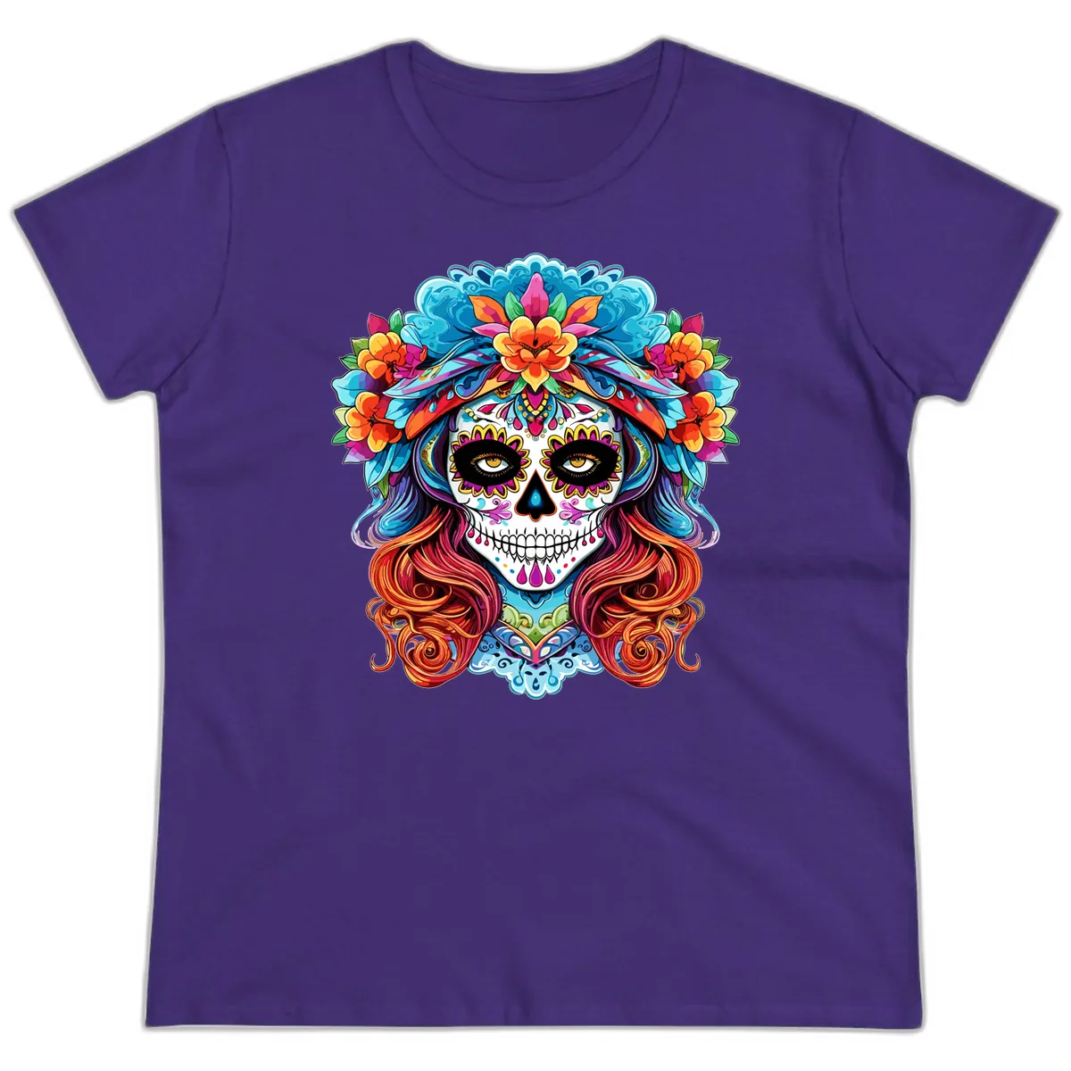 Vibrant Floral Sugar Skull Calavera Portrait Ladies Tee in Purple