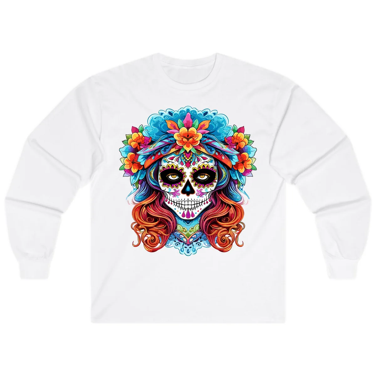 Vibrant Floral Sugar Skull Calavera Portrait Long Sleeve in White