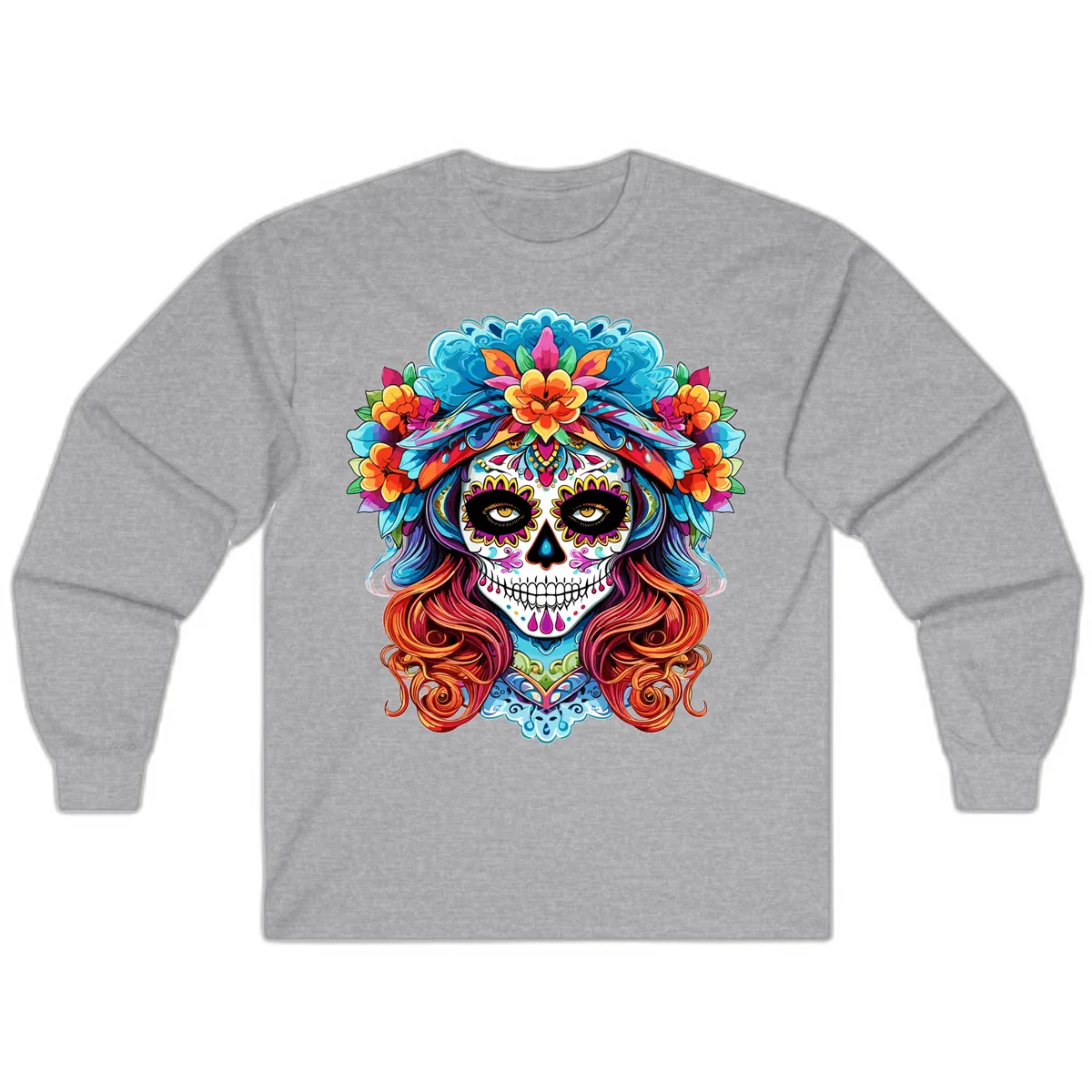 Vibrant Floral Sugar Skull Calavera Portrait Long Sleeve in Sport Grey