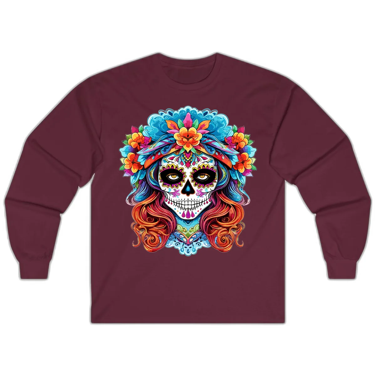 Vibrant Floral Sugar Skull Calavera Portrait Long Sleeve in Maroon
