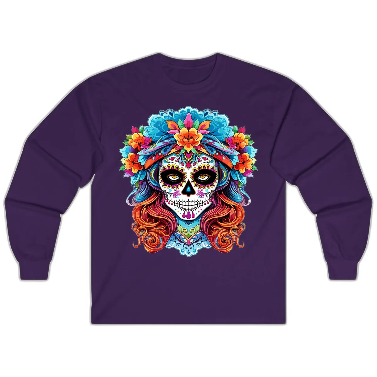 Vibrant Floral Sugar Skull Calavera Portrait Long Sleeve in Purple