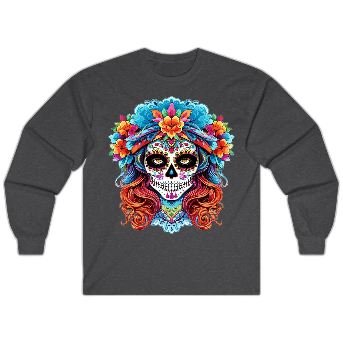 Vibrant Floral Sugar Skull Calavera Portrait Long Sleeve in Dark Heather