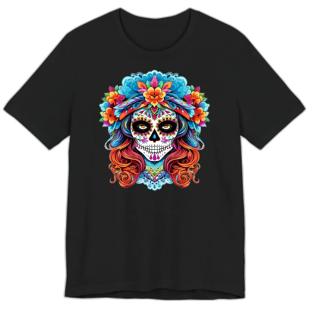 Vibrant Floral Sugar Skull Calavera Portrait Premium T-Shirt in Black