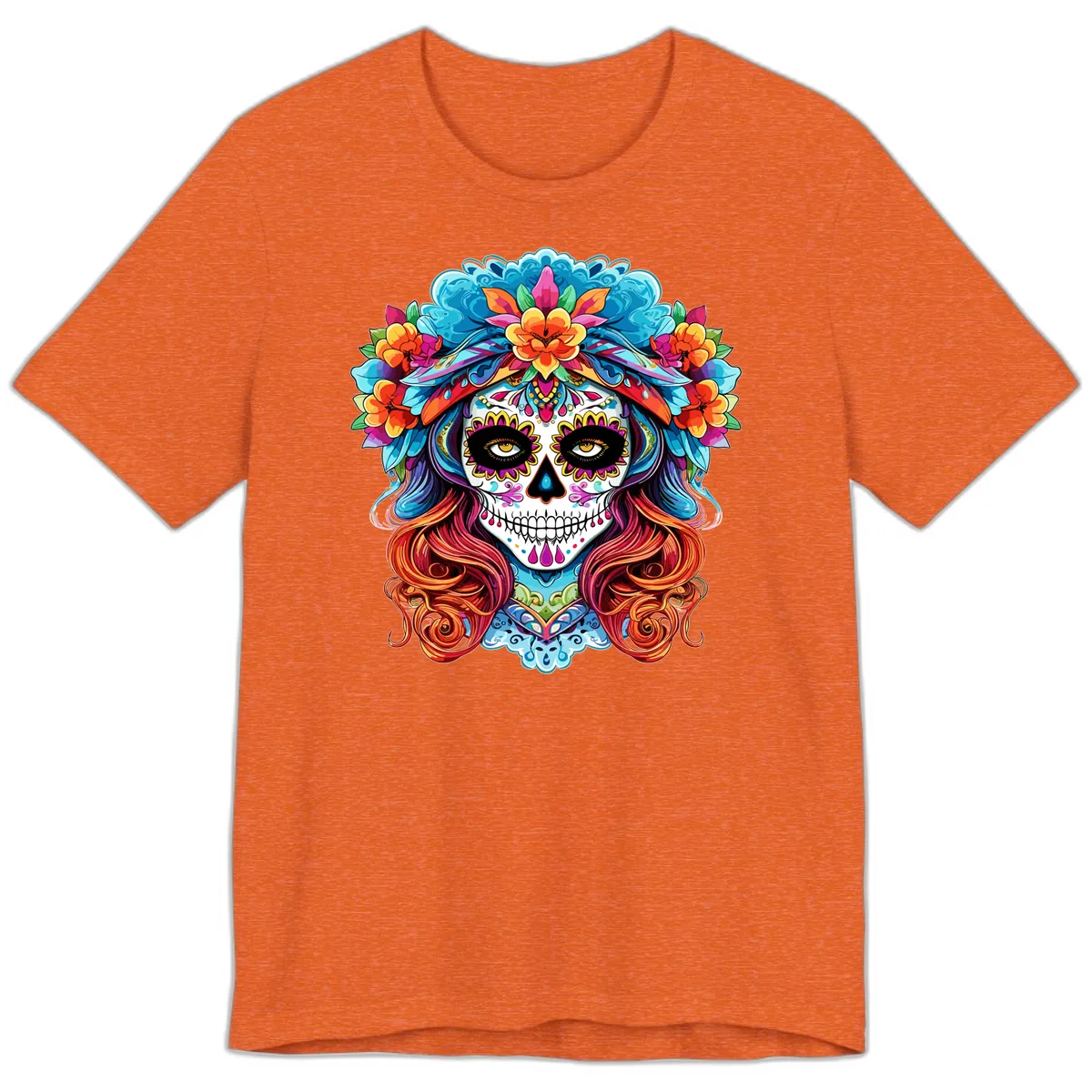 Vibrant Floral Sugar Skull Calavera Portrait Premium T-Shirt in Heather Orange