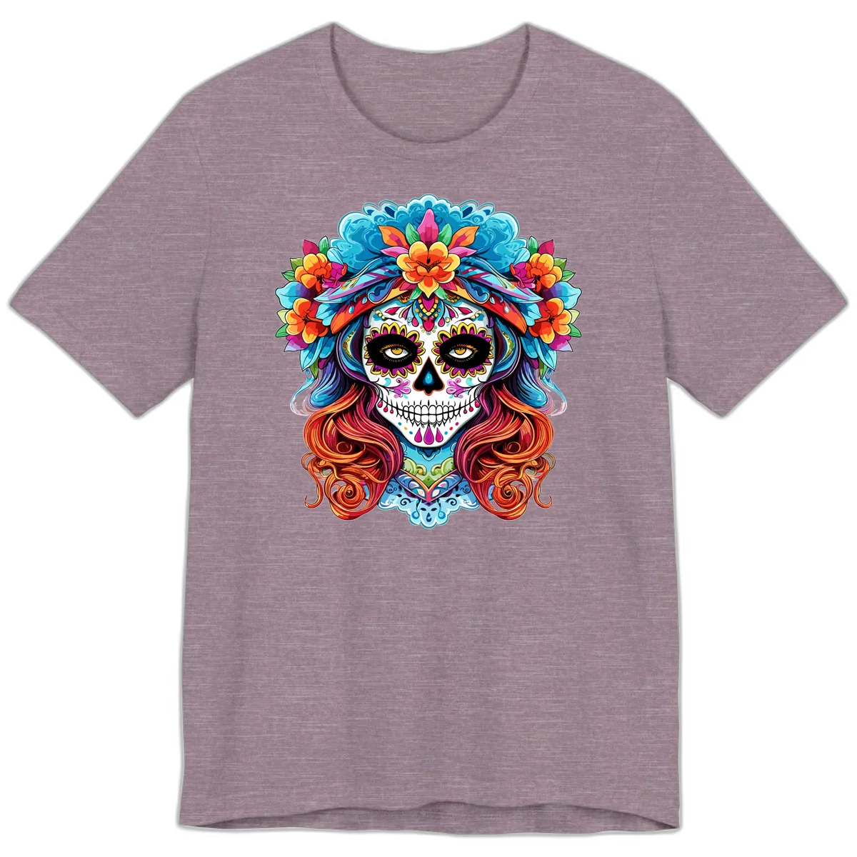 Vibrant Floral Sugar Skull Calavera Portrait Premium T-Shirt in Heather Purple