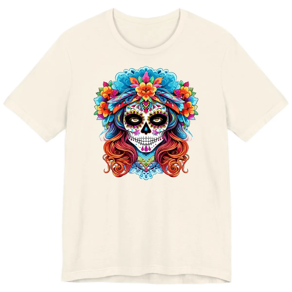 Vibrant Floral Sugar Skull Calavera Portrait Premium T-Shirt in Natural