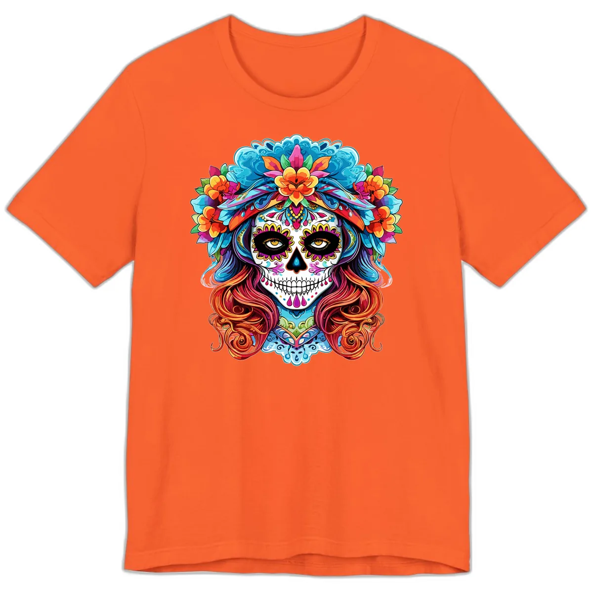 Vibrant Floral Sugar Skull Calavera Portrait Premium T-Shirt in Orange