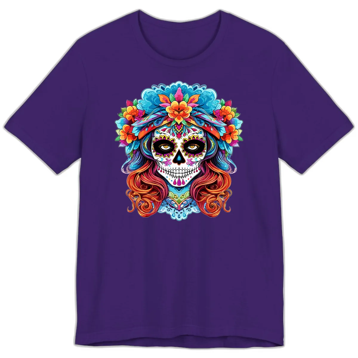 Vibrant Floral Sugar Skull Calavera Portrait Premium T-Shirt in Team Purple