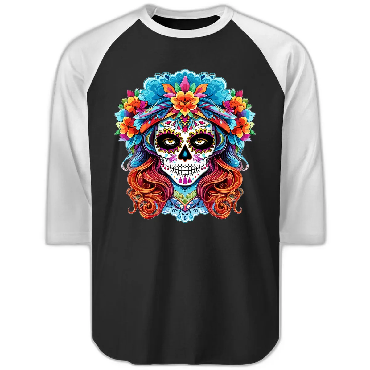 Vibrant Floral Sugar Skull Calavera Portrait Raglan 3/4 in Black White