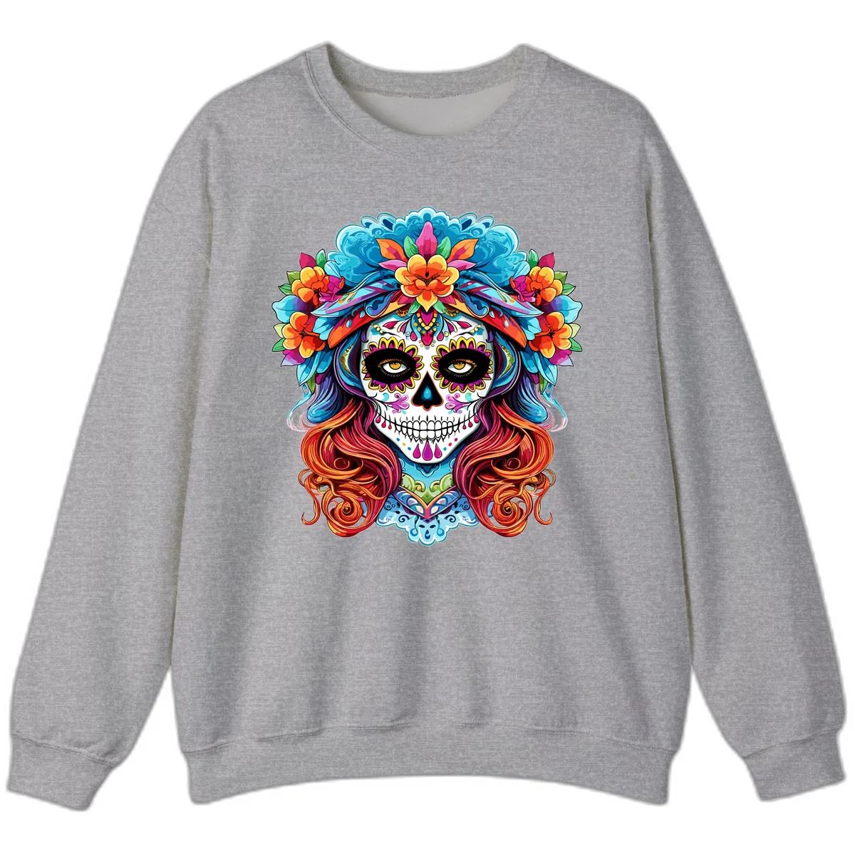 Vibrant Floral Sugar Skull Calavera Portrait Sweatshirt in Sport Grey