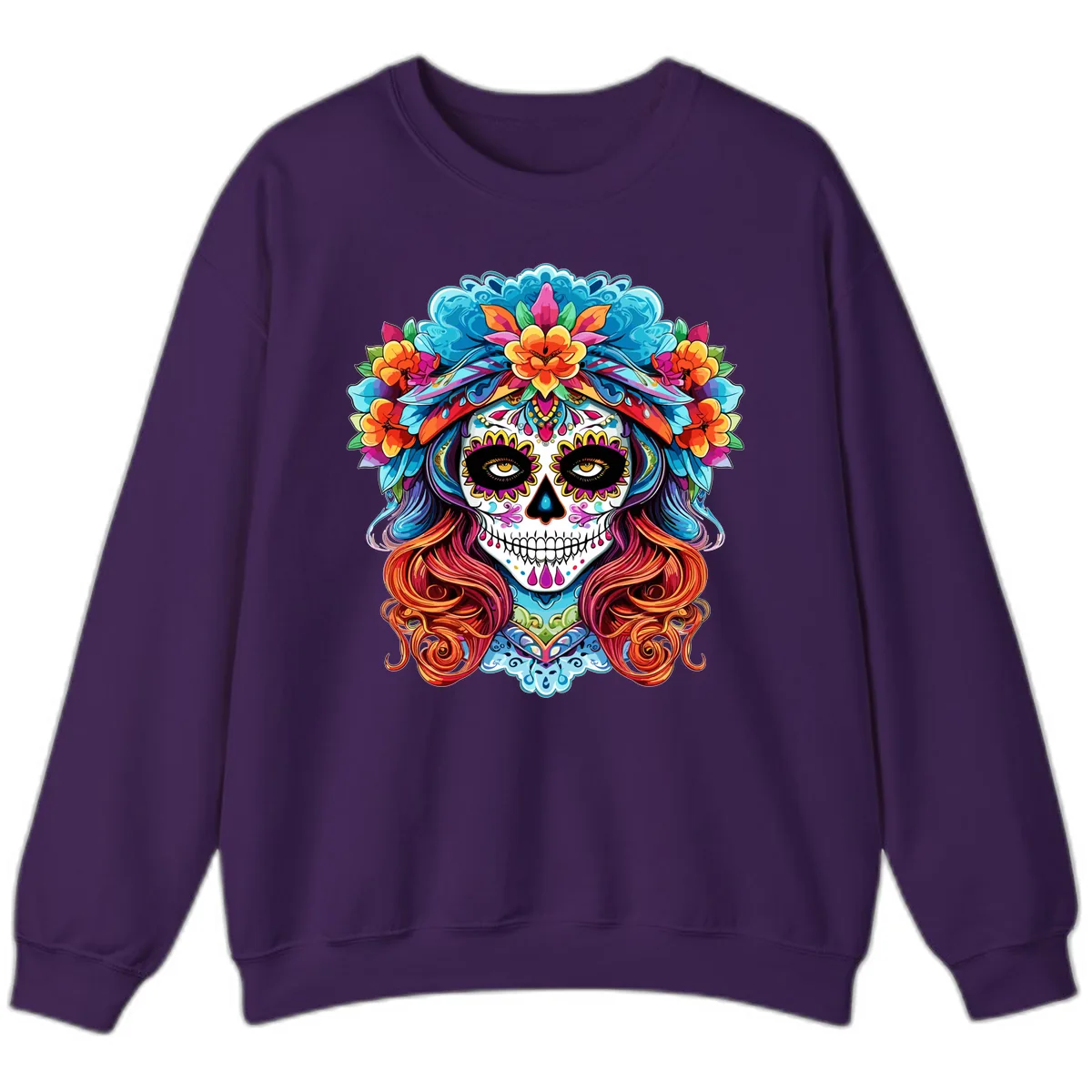 Vibrant Floral Sugar Skull Calavera Portrait Sweatshirt in Purple