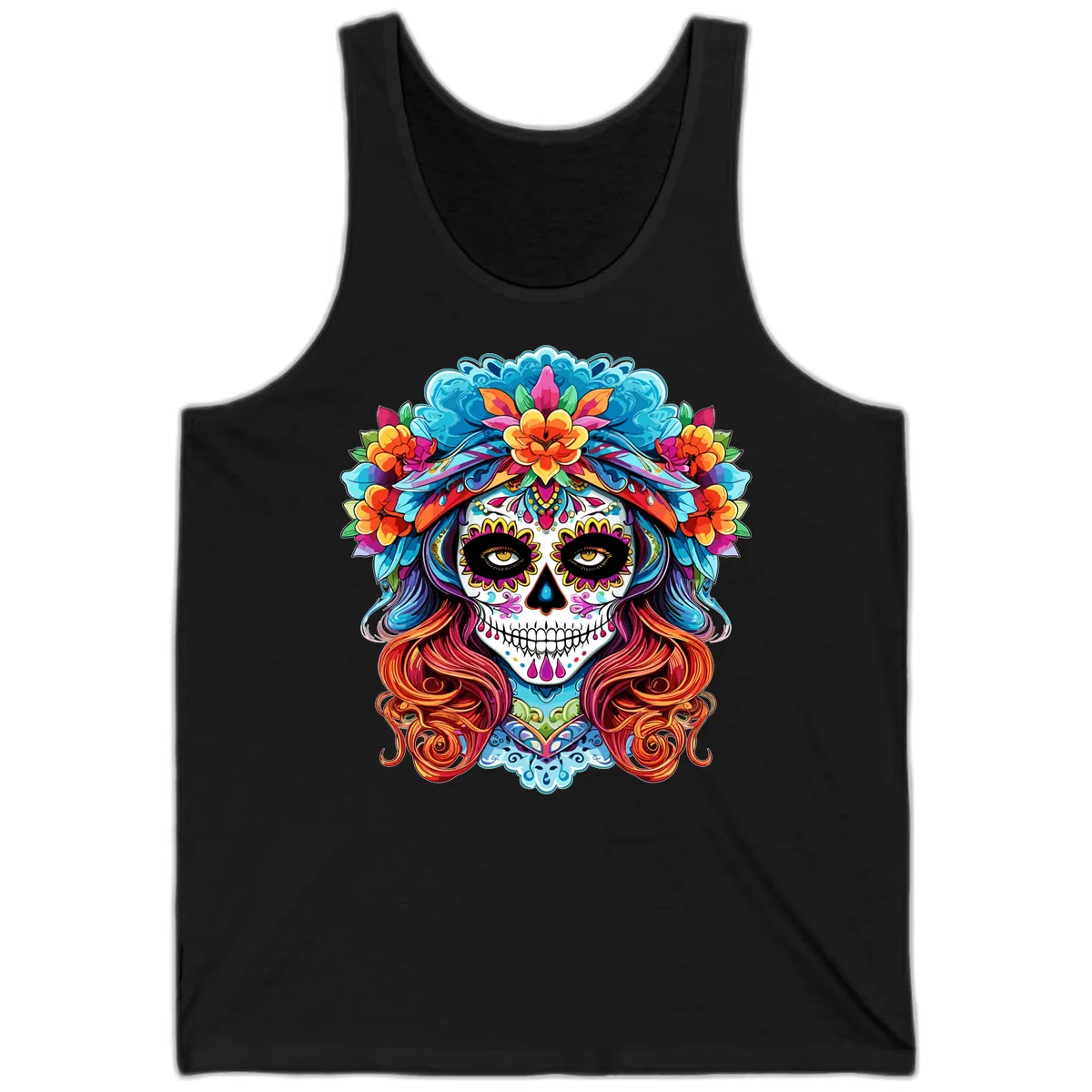 Vibrant Floral Sugar Skull Calavera Portrait Tank in Black