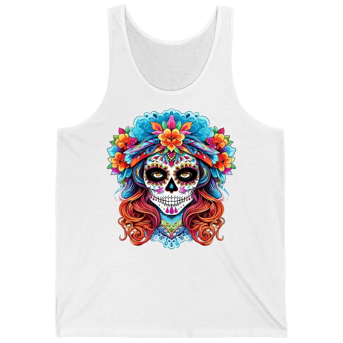 Vibrant Floral Sugar Skull Calavera Portrait Tank in White