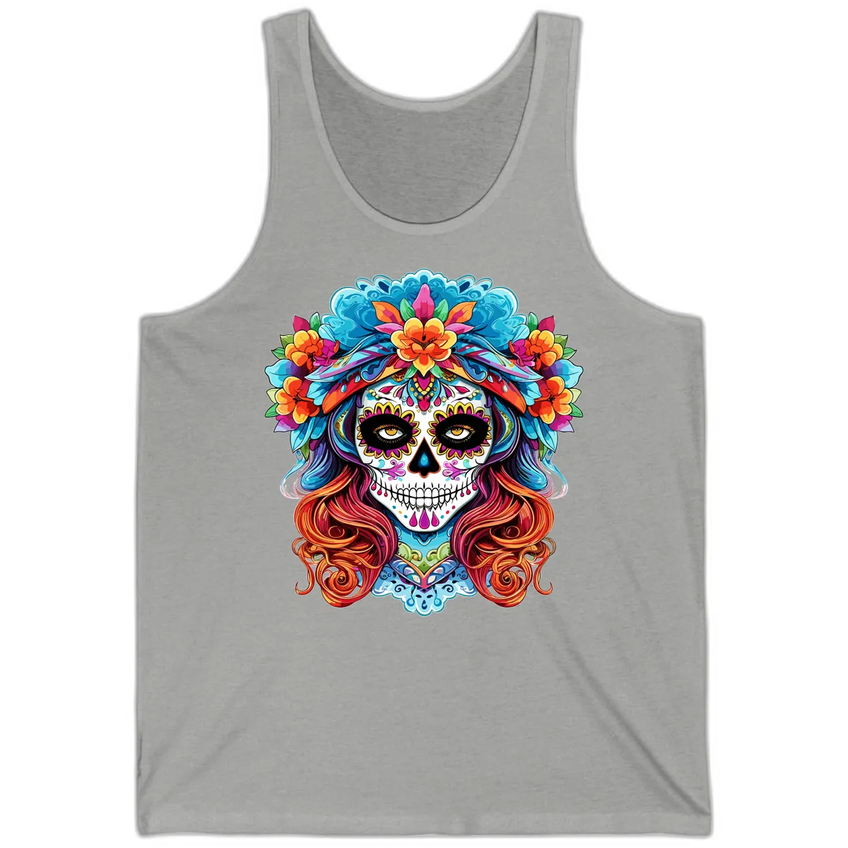 Vibrant Floral Sugar Skull Calavera Portrait Tank in Athletic Heather