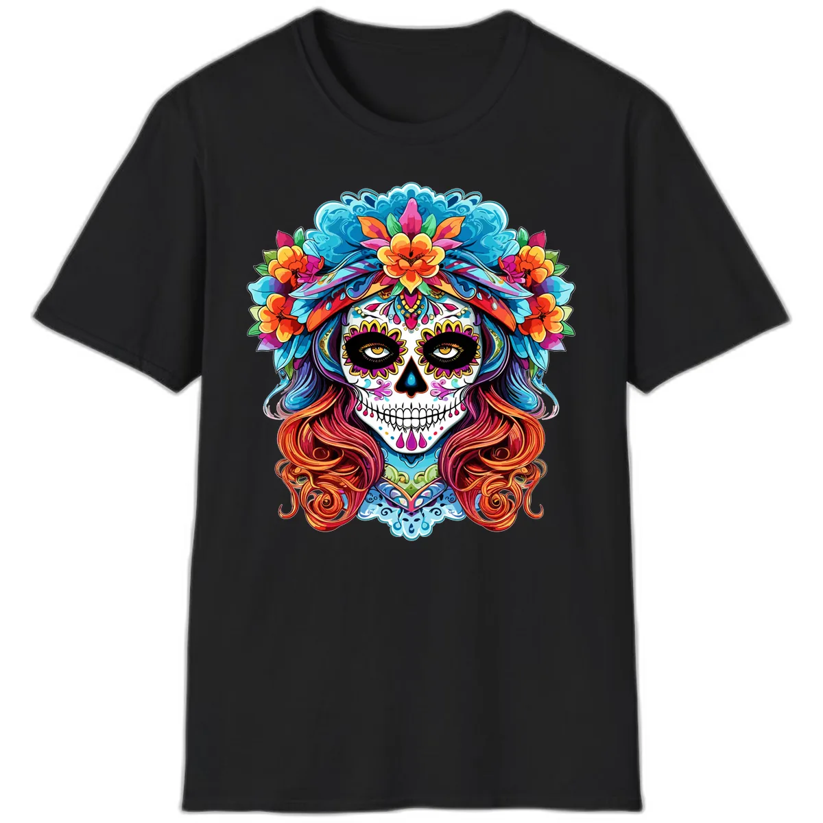 Vibrant Floral Sugar Skull Calavera Portrait T-Shirt in Black