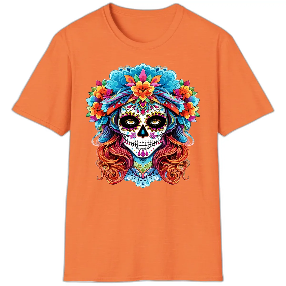 Vibrant Floral Sugar Skull Calavera Portrait T-Shirt in Heather Orange