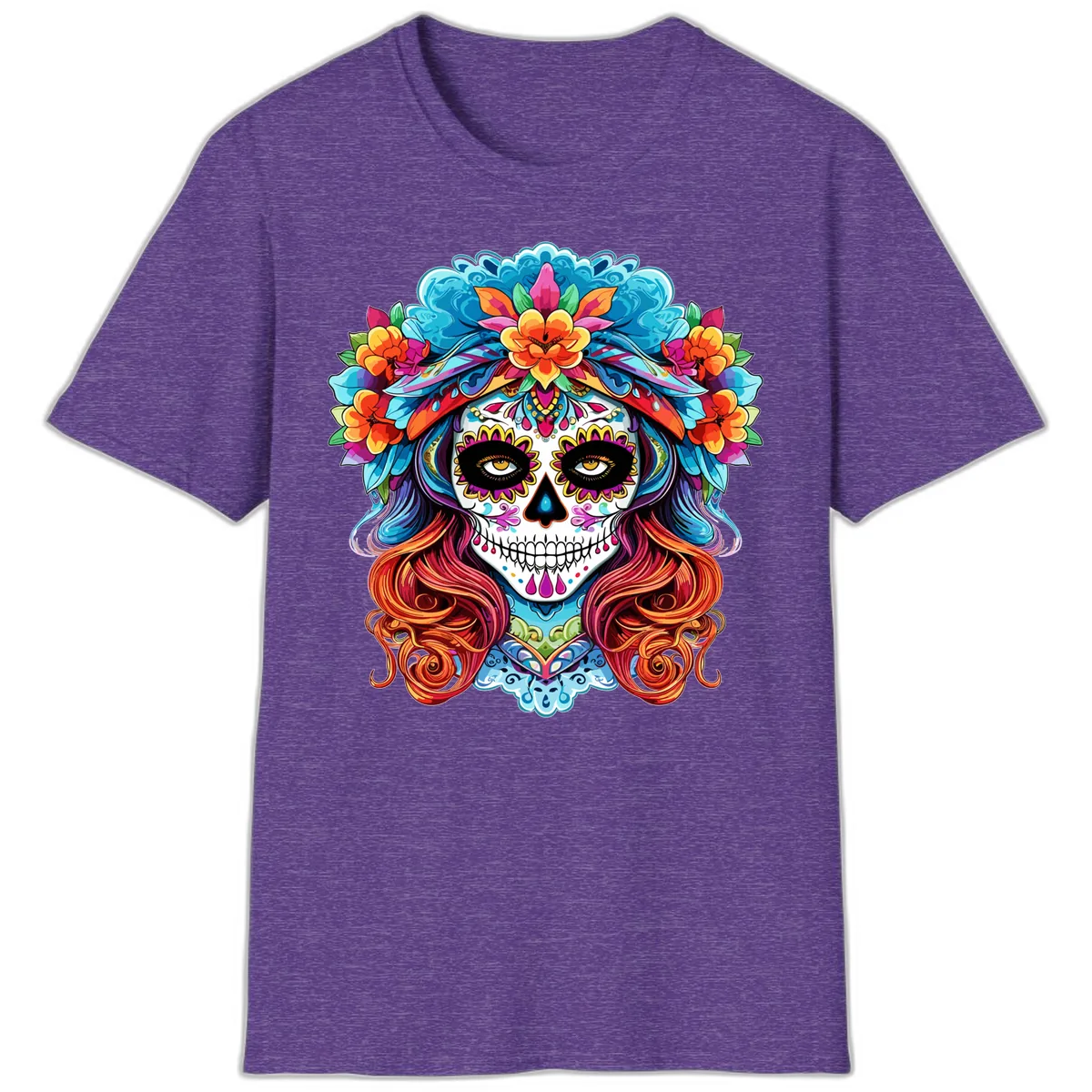 Vibrant Floral Sugar Skull Calavera Portrait T-Shirt in Heather Purple