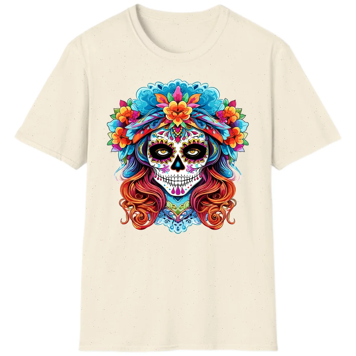 Vibrant Floral Sugar Skull Calavera Portrait T-Shirt in Natural