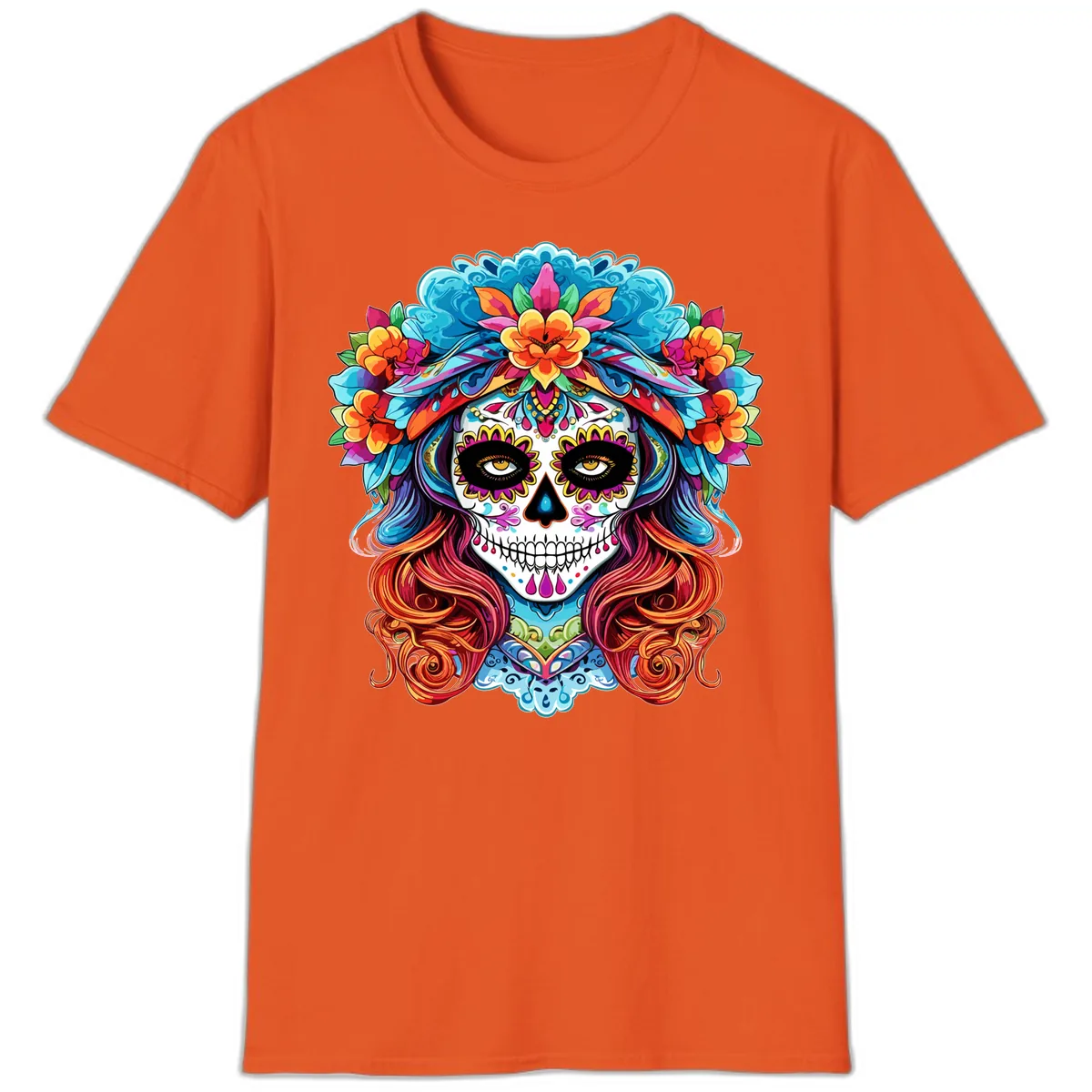 Vibrant Floral Sugar Skull Calavera Portrait T-Shirt in Orange