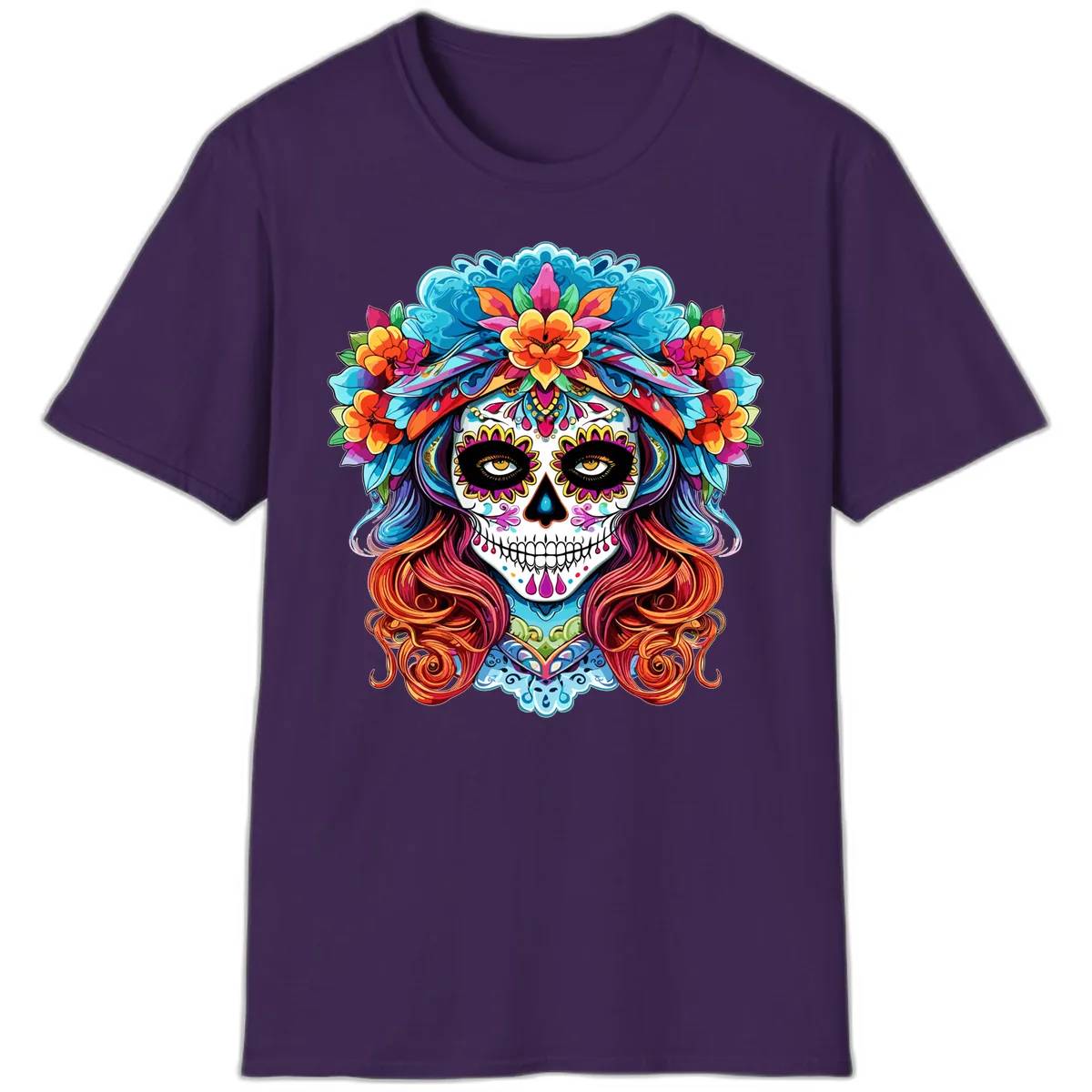 Vibrant Floral Sugar Skull Calavera Portrait T-Shirt in Purple