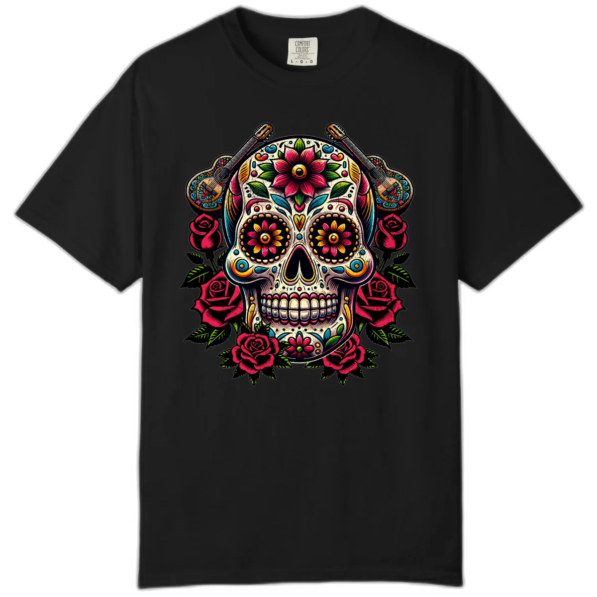 Vibrant Calavera with Guitars and Roses Comfort Color in Black