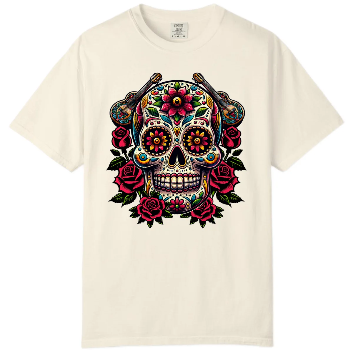 Vibrant Calavera with Guitars and Roses Comfort Color in Ivory