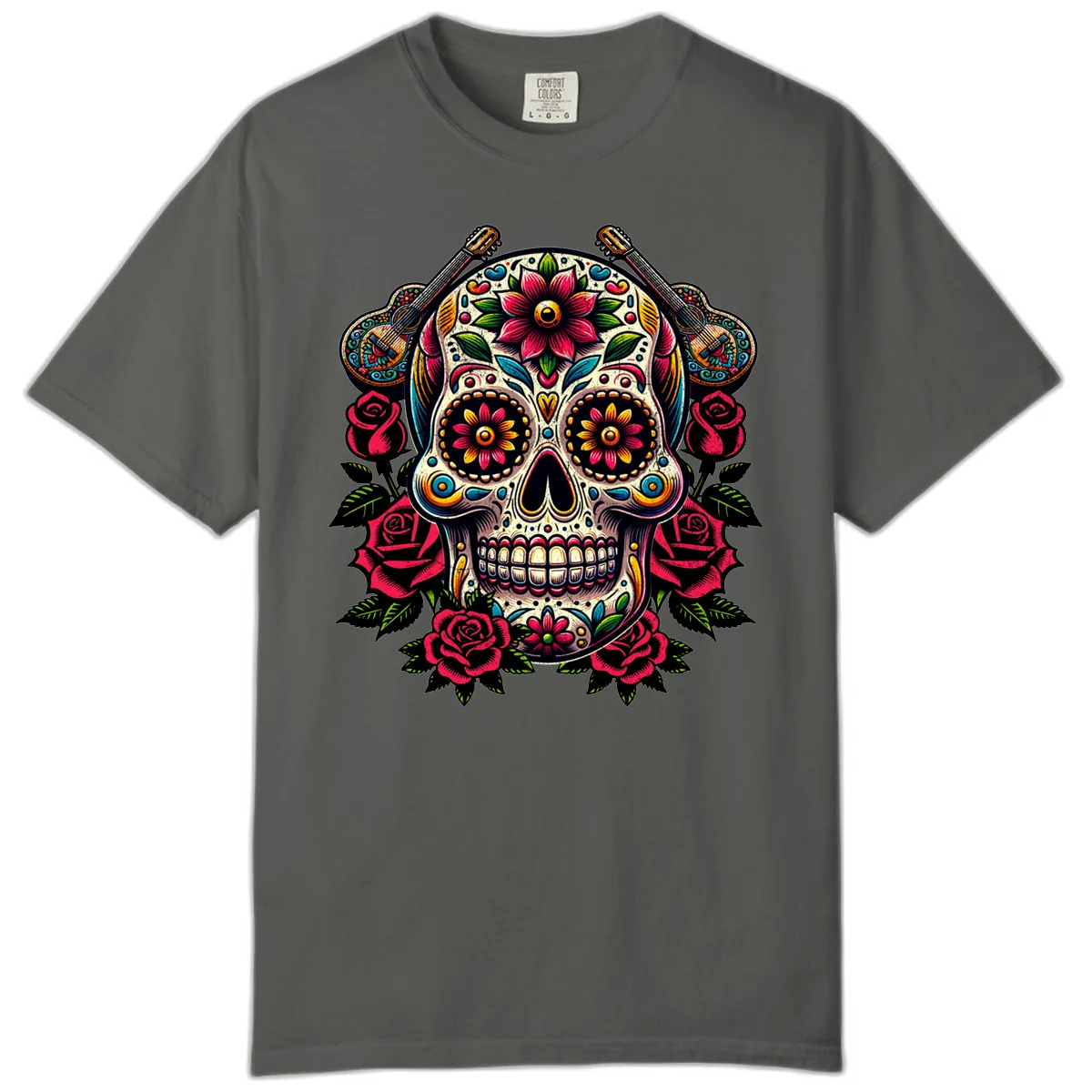 Vibrant Calavera with Guitars and Roses Comfort Color in Pepper