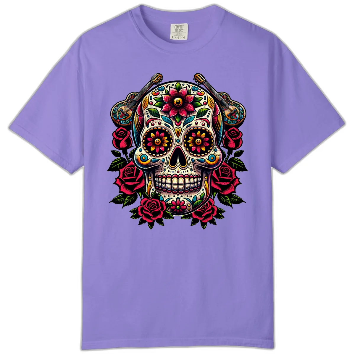Vibrant Calavera with Guitars and Roses Comfort Color in Violet