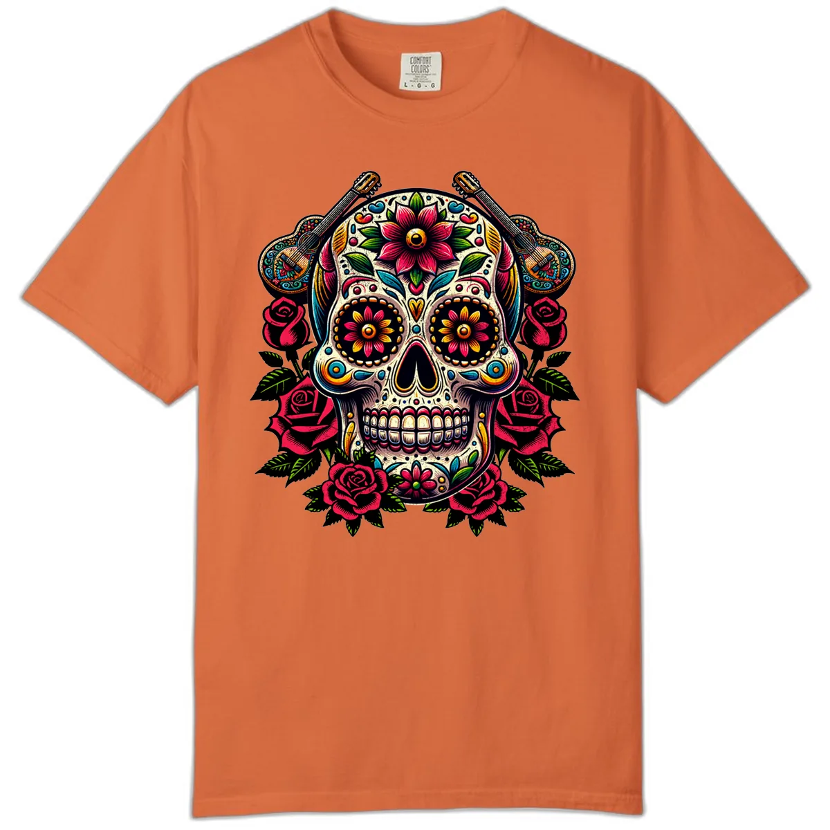 Vibrant Calavera with Guitars and Roses Comfort Color in Burnt Orange